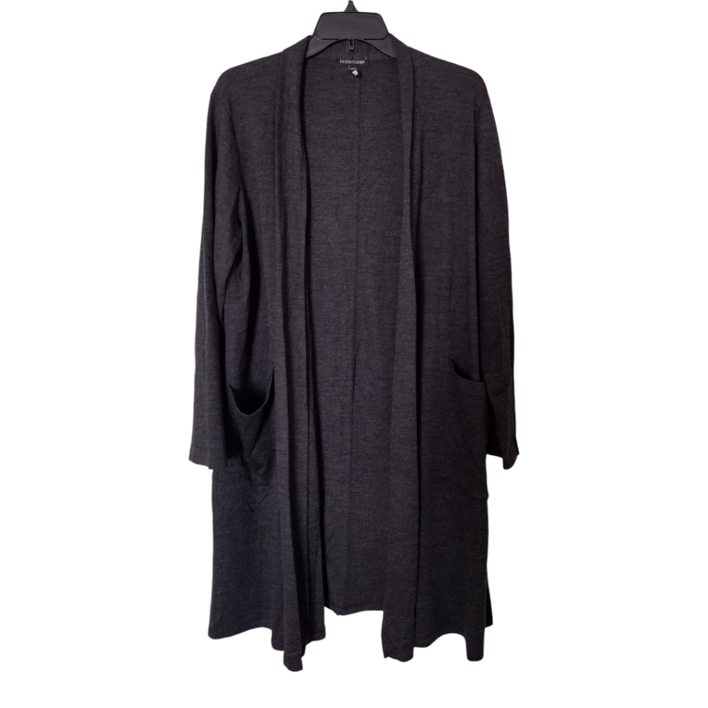 Eileen Fisher dark grey 100% wool long open cardigan with pockets size Small